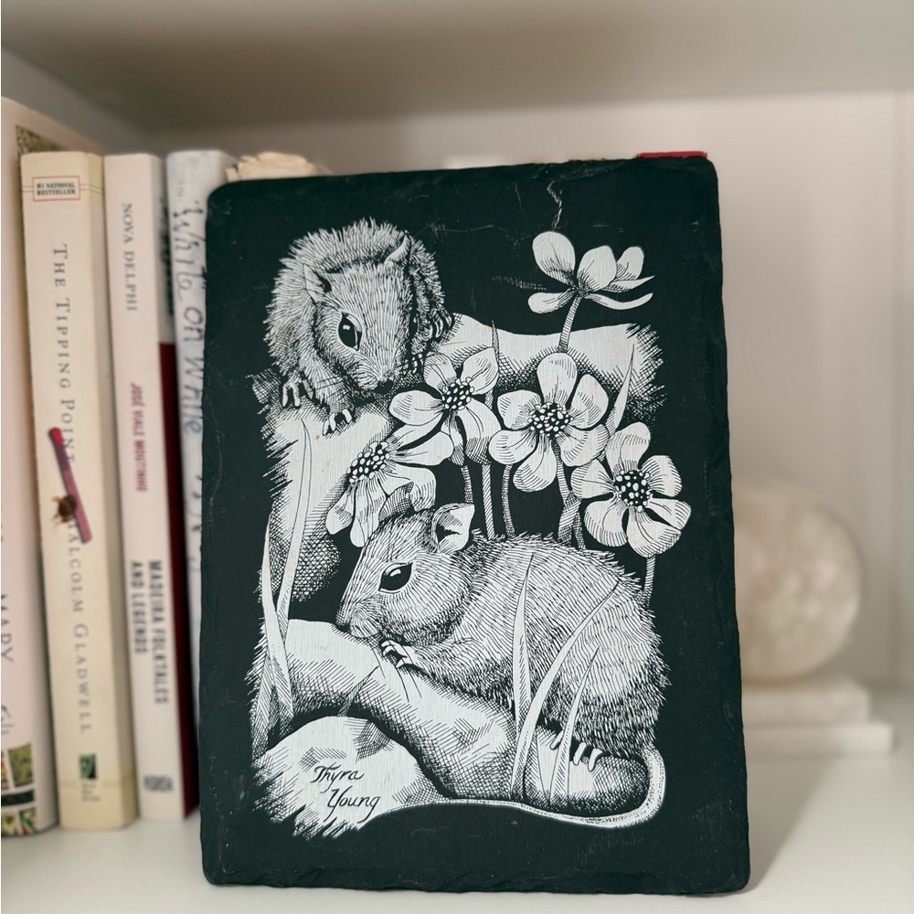 Vintage Black and White Floral Mouse Slate Wall Art